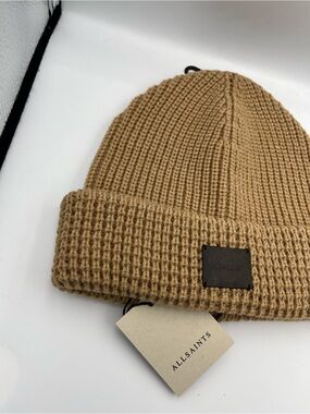 AllSaints Travelling Rib Beanie with a leather logo patch